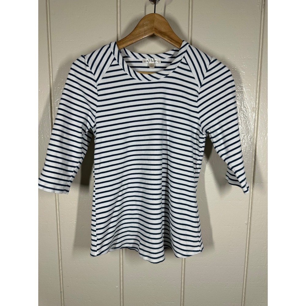 Nine Britton Top Women S Blue White Striped Ribbed Knit 3/4 Sleeve Crew Neck